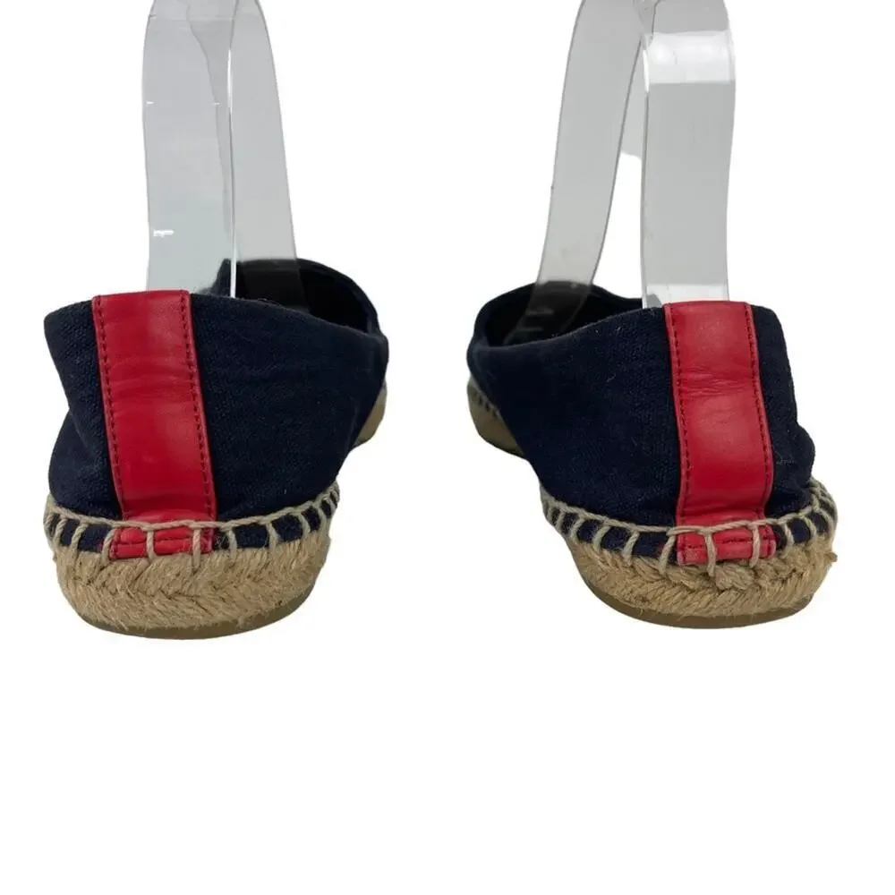 TORY BURCH Weston Navy Red Canvas Slip On Flat Espadrille Sandals Size 8M